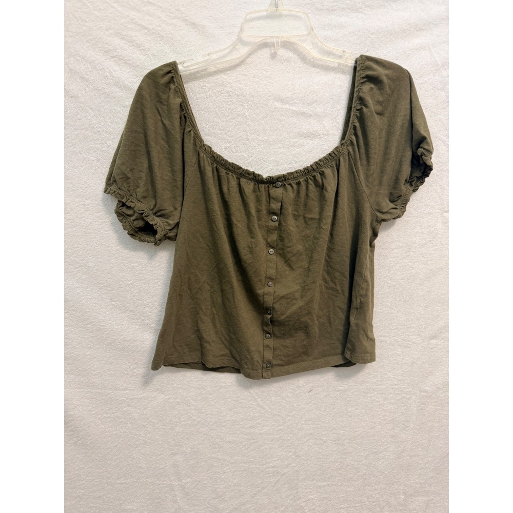 American Eagle Womens Olive Green Puff Sleeve Button Front Scoop Neck Top Size M